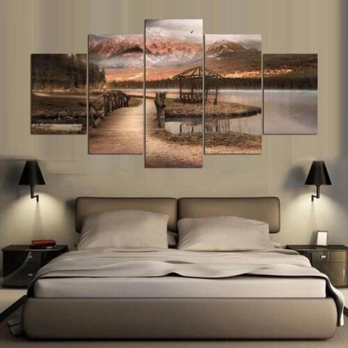 Modern Home Wall Art Decor Unframed Pictures 5 Pieces Mountain Lake Wooden Bridge Natural Scenery HD Printed Painting Canvas