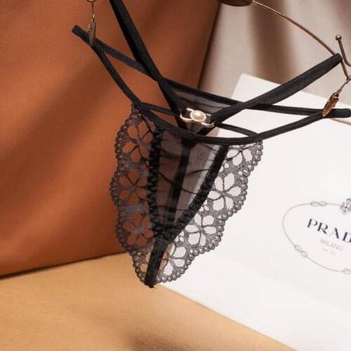 Sexy Women Lace G-String Temptation Low-Waist Cross Lace Thong Pearl Decor Perspective Mesh Panties Thin Belt T-Back G-String