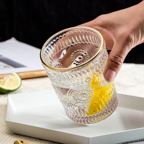 Retro Sun Flower Coffee Glass Mug Gold Rim Glass Water Cup Milk Tea Coffee Cup Cocktail Glass Crystal Transparent Mug Drinkware