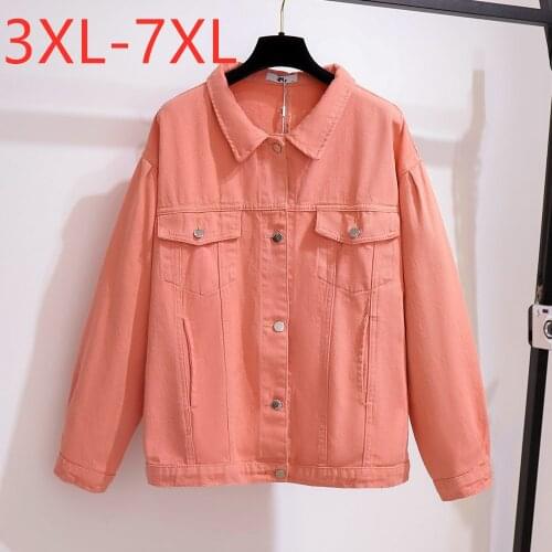 New Ladies Autumn Winter Plus Size Denim Jacket For Women Large Long Sleeve Loose Cotton Pocket Pink Coat 3XL 4XL 5XL 6XL 7XL