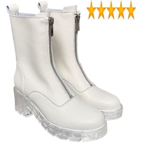Ankle Womens Platform Front Zipper 2021 New Real Leather Autumn Winter Shoes Fashion Thick Heel White Biker Boots 34-39
