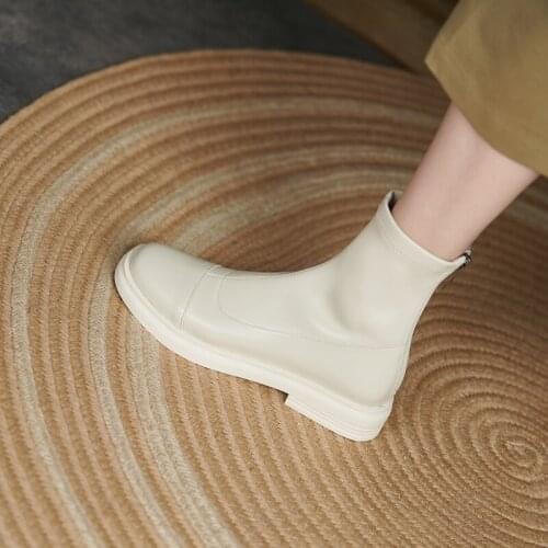 2021 Winter Women Ankle Boots Round Toe Thick Heel Boots Flats Women shoes Platform Shoes White zip Leather Boots Stretch Boots