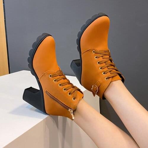 New spring Winter Women Pumps Boots High Quality Lace-up European Ladies shoes PU high heels Boots Fast delivery