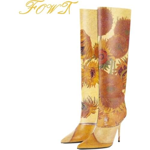 Print Leather Elegant Knee-High Boots Women Thin Heel Pointed Toe Fashion Ladies Long Booties 2021 Zipper Female Shoes 42 43FOWT