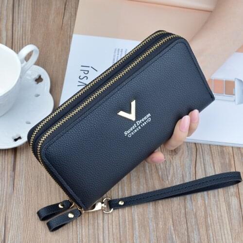 Aliwood New Double Zipper Leather Womens Wallet Letter Wristband Clutch Long Purse Phone Package Strap Money Bag Carteira Mujer