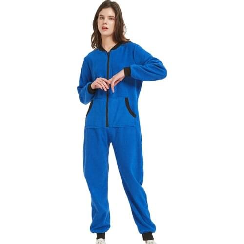 Women Sleepwear Jumsuits Non-Hooded Pockets Zipper Onesie One Piece Solid Pajamas Homewear Long Sleeve Nightwear Pyjamas Casual
