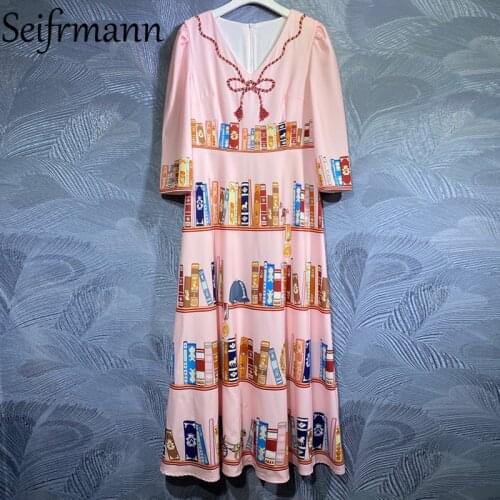 Seifrmann New 2021 Summer Women Fashion Runway Party Long Dress Sexy V-Neck Gorgeous Beading Loose Print A-Line Dresses Vestidos