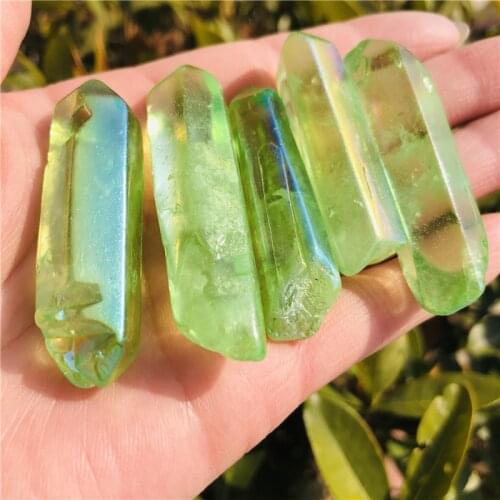 100g Electroplated Green Titanium Aura Lemurian Crystal Wand Point Healing Crystal Stone Decor Natural Quartz Crystals