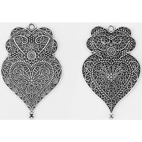 12PCS Antique Large Hollow Filigree Flower Viana Heart Charms Pendants for Necklace Making Jewelry Findings 58x37mm
