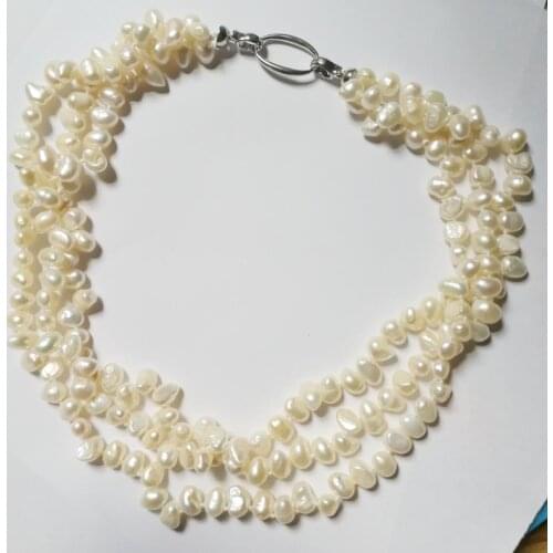 3 Strands Bright 9mm white flat baroque real Pearl necklace natural Freshwater PEARL Women Jewelry 35cm 43cm 14'' 17