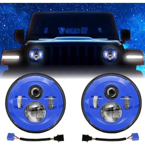YOUSTAR 7 Inch Round Black Cree LED Headlight High Low Beam Compatible With Jeep Wrangler JK TJ LJ CJ Blue