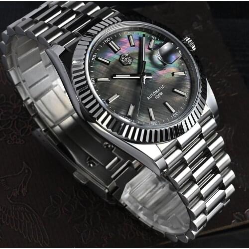 San Martin Men Watch 40mm Vintage MOP Dial Retro Business Luxury Sapphire Automatic Mechanical Watches Carving Bezel 10Bar