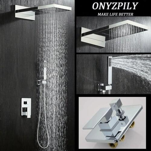 Onyzpily Chrome Bathroom Long Square Shower System Head ABS ShowerHand Brass Water Mixer Wall Mounted 3-Ways Hot Cold Mixer Tap