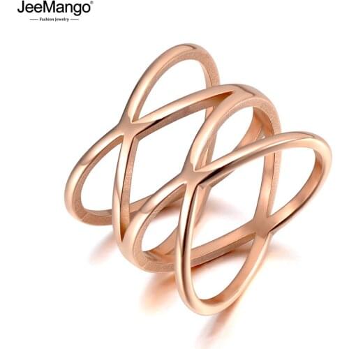 JeeMango Hiphop/Rock Titanium Stainless Steel Double X Shape Ring Jewelry Rose Gold Bohemia Holiday Beach Ring For Women JR20026