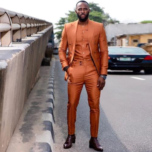 Orange Mens Suit Peaked Lapel For Wedding Blazers Two Pieces Male Tuxedos Slim Fit Groom Wear Prom Jackets With Pants