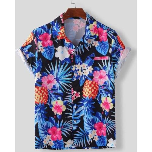 Mens Shirt Hawaiian Short-sleeved Ice Blue Flower Pineapple Print Lapel Short-sleeved Casual Shirt Mens Beach Shirt