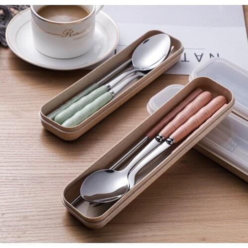 Wheat Straw Stainless Steel Portable Tableware Set Fork Spoon Chopsticks Three-piece Set Student Tableware Set 2021
