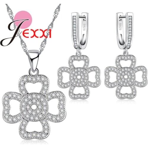 New Finding Women Girls Best Gift 925 Sterling Silver Jewelry Set Flower CZ Crystal Necklace Earrings Set Hollow Heart Set