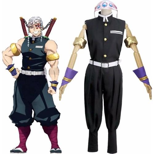 Anime Demon Slayer Kimetsu no Yaiba Uzui Tengen Full Set Cosplay Costume Mens Black Kimono Uniform Halloween Costume Wig Clogs