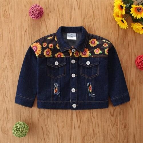 Little Girl Casual Long-Sleeved Sunflower Stitching Cardigan Dark Blue Jacket Fashion Sunflower Print Stitching Denim Jacket