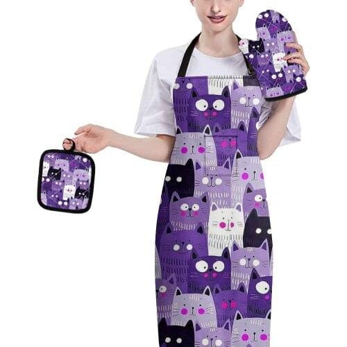 Kawaii Cartoon Cat Party Print Baking Gloves Heat Resistant Padded Oven Skid Mat Kitchen Home Cooking Apron 3pcs BBQ Accessories
