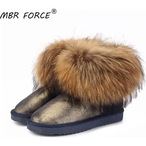 MBR FORCE Top Fashion Women Natural Fox Fur Snow Boots 100% Genuine Cow Leather Winter Boots Female Winter Shoes Women Boots