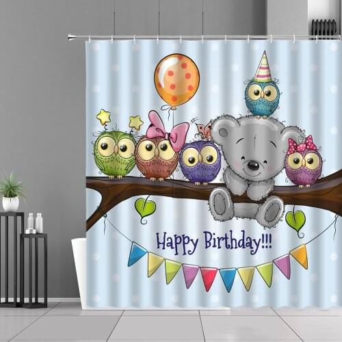 Cartoon Owl Bear Shower Curtains Fun Animal Bird Butterfly Flower Plant Print Child Room Bathroom Decor Waterproof Bath Curtain