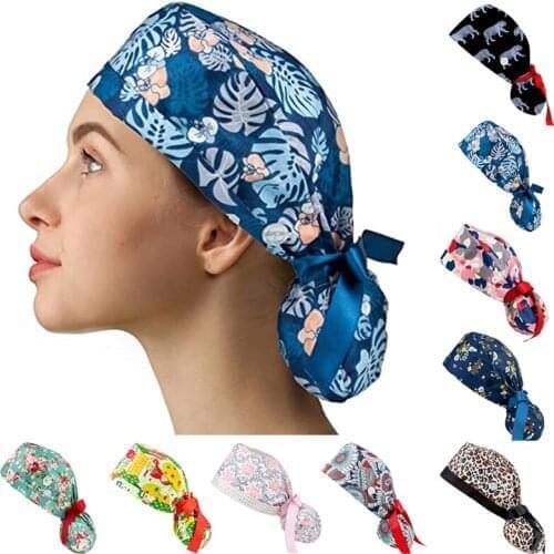 Unisex Florial Beanies Cartoon Printed Caps with Button Ribbon Tie Care Workers Women Adjustable Long Hair Holder Hats for Nurse