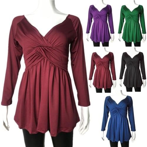 2020 Autumn and Winter New Fashion Casual Womens Solid Color Long-sleeved Sexy V-neck Simple Temperament Ladies Top T-shirt