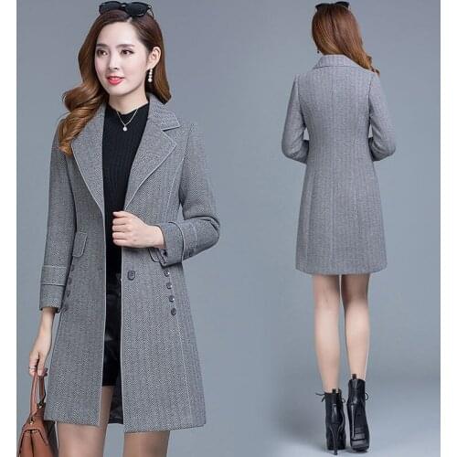 Womens Fashion Woolen coat Korean Thick Long Woolen coat Autumn Winter Gray khaki Herringbone Trench coat Plus size Overcoat 4XL