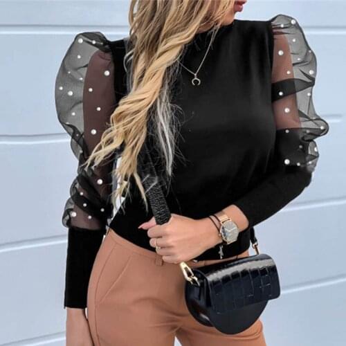 Female Spring Mesh Puff Tops Long Sleeve Patchwork Pullovers Solid Colour Sexy Bottoming T-Shirts Lace Womens Pearl Round Neck