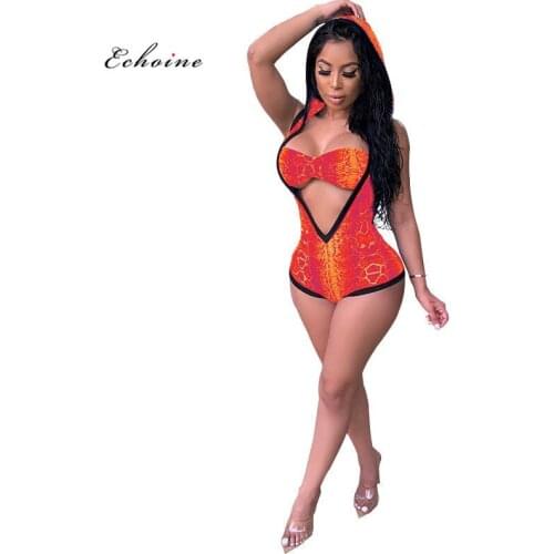 Echoine Women Two Piece Set Print Hooded Collar Fashion Tracksuit Strapless Bra Tops Sexy Shorts Bodysuits Suits Female Swimwear