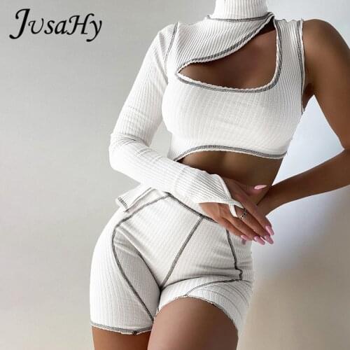 JuSaHy Kintted Punk Style Womens Two Pieces Sets Irregular Hollow Out One Shoulder Crop Top And Biker Shorts Matching Outfits