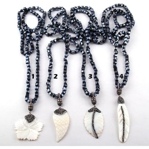 Free Shipping Fashion Black Square Glass Long Knotted Paved Shell Leaves Pendant Necklaces Women Ethnic Necklace