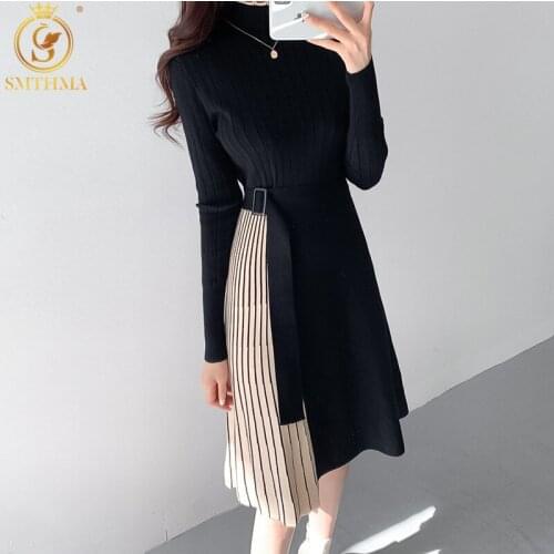 SMTHMA Womens Knitted Sweater Dresses New Winter Warm Thick Half Turtleneck Belt Tie-Up Patchwork Striped Pleated Vestidos
