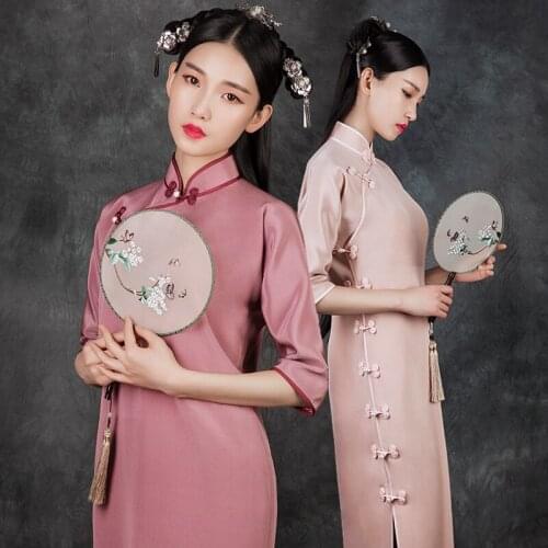 See Orange Glitziest Vintage Pink Silk Long Cheongsam Autumn Beijing Girl Chinese Dress Qipao SO1720