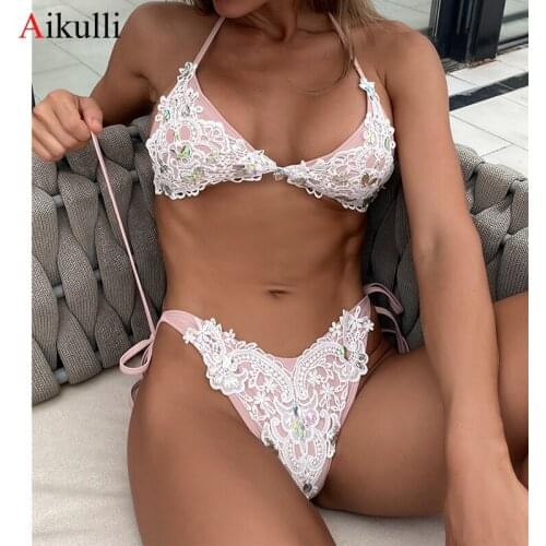 2021 New Lace Diamond Bikinis Swimsuits Women Sexy Lace Halter Swimwear Bikini sets Summer Beach Swiming Biquini Bathing Suits