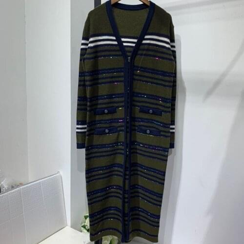 2021 Spring womens high quality wool knitted coat Fashion loose stripe cardigans B583