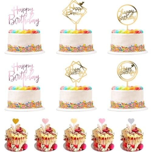 26Pcs/set happy birthday Cake Decoration Include 2pc Rose gold cake insert 4pc gold cake insert 20pc Heart Shape Insert Cards