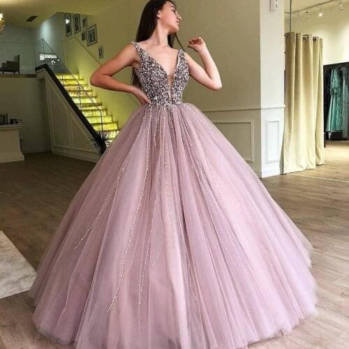 Dusty Pink Beading Ball Gown Evening Dresses V-Neck Long Pageant Party Gown Prom Evening Dress Custom Made Tulle vestido longo
