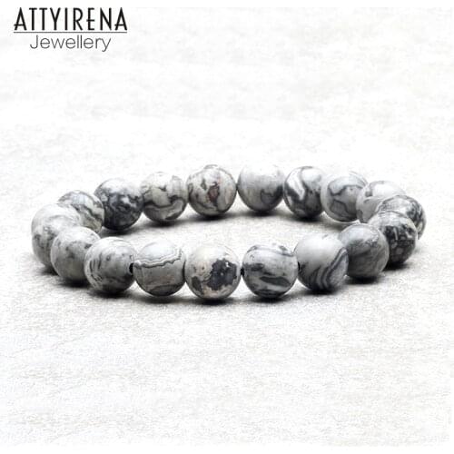 ATTYIRENA 10MM Natural Gray Map Stone Bracelet Beads Buddha Charm Bracelet Meditation Yoga Mala Bracelets Strand Men Bracelet