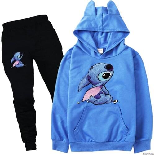 Stitch Children Clothes Kids 2pcs/Set Stitch Baby Boys Girl Sweatshirt Black Jogging Pants 10 Candy Color Thin Hoodies