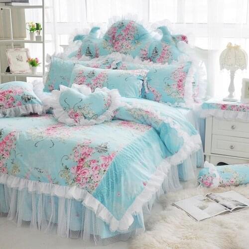 Princess Flower Print Bedding Set Cotton 4/7pcs Lace Duvet Cover Bedspread Bedsheet Ruffle Home Skirt Textile Bed Bedclothes