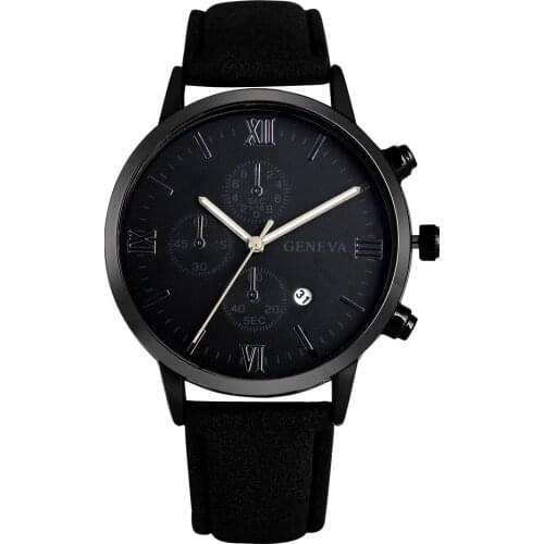 Concise Black Three Dial Watch Men Business Style Calendar Dial Watches Classic Black/Brown Leather Band Gifts For Dad
