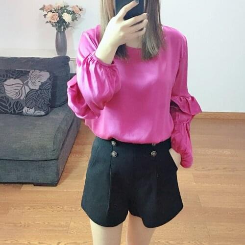 Summer Women 100% Silk Solid color Puff Sleeve Blouse O neck short sleeve office wear casual natural silk print real silk shirt
