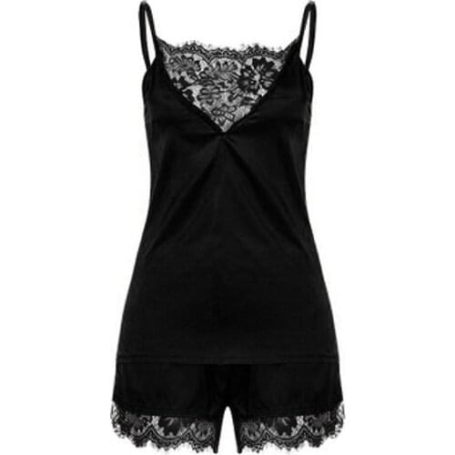 Set Womens Black V-Neck Nightwear Babydoll Lace Top & Shorts Set Sleepwear