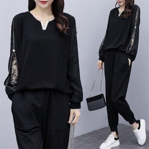 Autumn Loose Women Tracksuits Women Long Sleeve with lace patch Sweatshirt Fashion top and Pants 2PCS/Set M-5XL