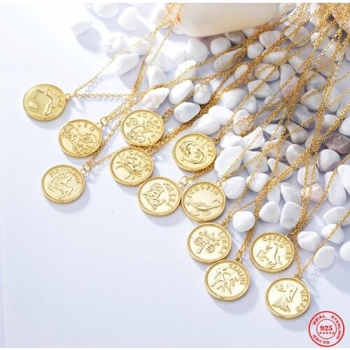 YIZIZAI Zodiac 12 Constellation Necklace Custom Astrology Sign Disk Coin Pendant Necklace In 18k Gold Real 925 Sterling Silver
