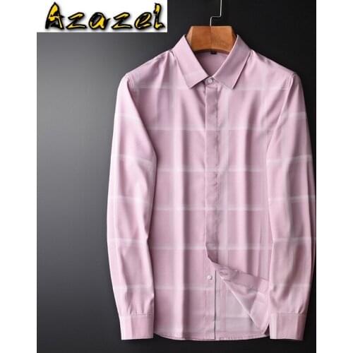 Azazel Pink Mens Shirts High Quality Long Sleeve Yarn Dyed Plaid Casual Male Shirts Fashion Slim Fit Man Shirts Plus Size 4xl