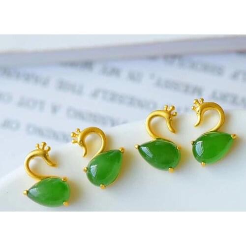 Independent design ancient gold craftsmanship natural Hetian jade drop-shaped little swan earrings cute ladies silver jewelry